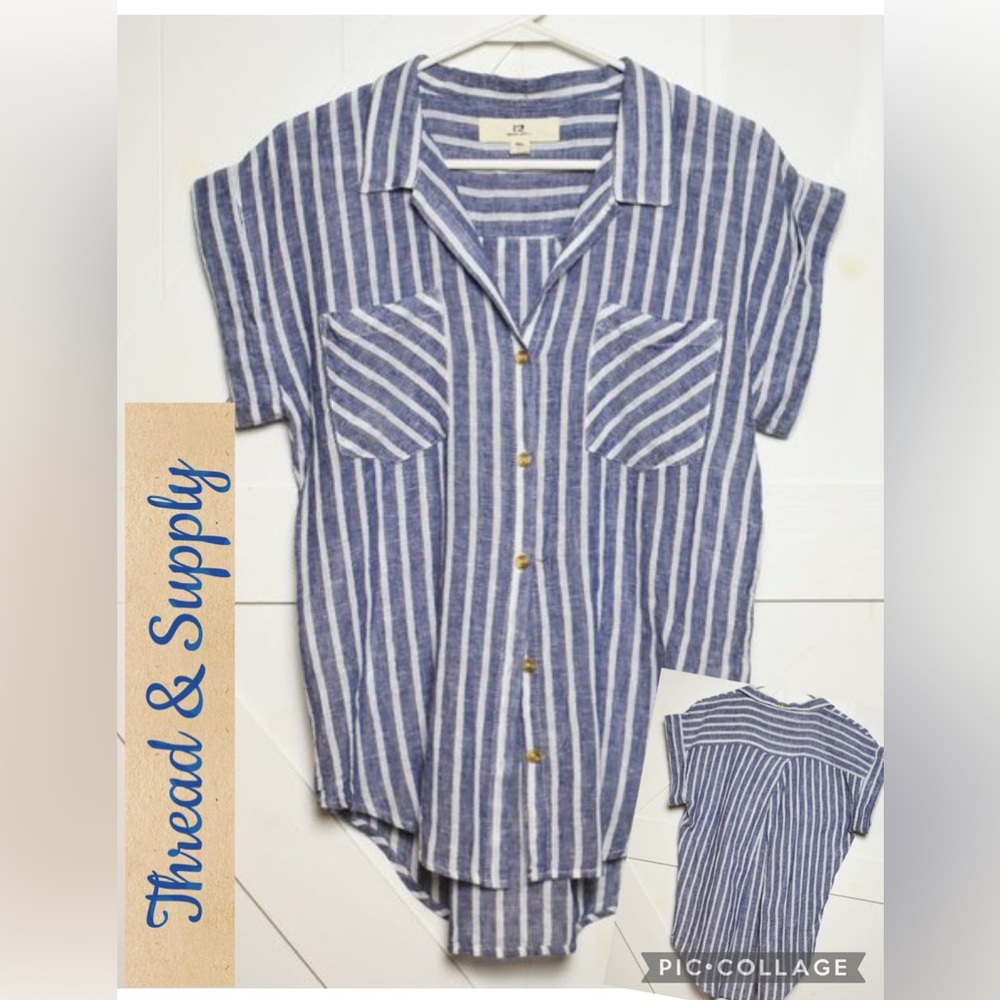 Thread & Supply luxury linen blue & white stripes front button Boutique top SZ M